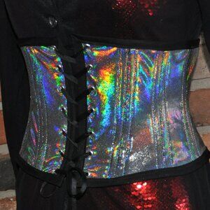 Reversible Lace-up Underbust Waspie Waist Corset Holographic Clubwear Goth XS